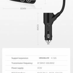 DrPhone BC19 – FM Transmitter - LCD Scherm - Handsfree - 12/24V – Bluetooth 5.0 - Carkit – USB + Micro SD & Aux – Qualcomm 3.0/ 2,4 A Lader - Zwart -AZDome store 404x840 1