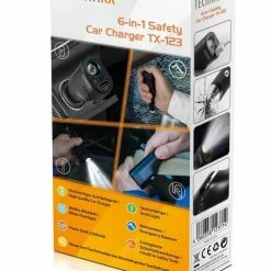 Technaxx TX-123 6-in-1 Autolader 12V-24V, Veiligheidshamer, Gordelsnijder, Zaklamp, Flitslicht En Powerbank Zwart -AZDome store 545x840