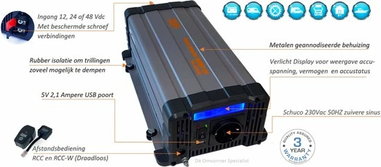 Rhino - PowerBoozt Zuivere Sinus Omvormer Mét Status Display 2500W - 12V 3 Rhino - PowerBoozt Zuivere Sinus Omvormer Mét Status Display 2500W - 12V