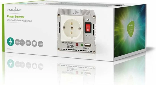 Nedis Inverter Gemodificeerde Sinusgolf | Ingangsvoltage: 12 VDC | Apparaat stroomoutput: 1 | 230 V ~ 50 Hz | 300 W | Piekvermogen: 600 W | Type stopcontact: F (CEE 7/3) / USB | Accuklemmen + Aansteker Nedis Inverter Gemodificeerde Sinusgolf | Ingangsvoltage: 12 VDC | Apparaat Stroomoutput: 1 | 230 V ~ 50 Hz | 300 W | Piekvermogen: 600 W | Type Stopcontact: F (CEE 7/3) / USB | Accuklemmen + Aansteker -AZDome store 550x299 4