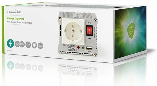 Nedis Inverter Gemodificeerde Sinusgolf | Ingangsvoltage: 24 VDC | Apparaat Stroomoutput: 1 | 230 V ~ 50 Hz | 300 W | Piekvermogen: 600 W | Type Stopcontact: F (CEE 7/3) / USB | Accuklemmen + Aansteker 11 Nedis Inverter Gemodificeerde Sinusgolf | Ingangsvoltage: 24 VDC | Apparaat Stroomoutput: 1 | 230 V ~ 50 Hz | 300 W | Piekvermogen: 600 W | Type Stopcontact: F (CEE 7/3) / USB | Accuklemmen + Aansteker - Afbeelding 9