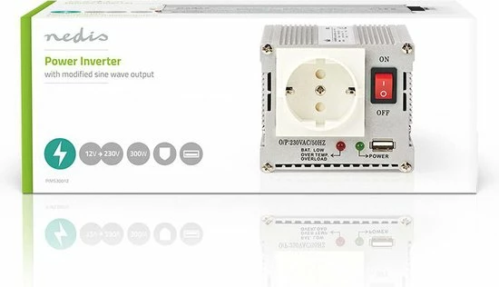 Nedis Inverter Gemodificeerde Sinusgolf | Ingangsvoltage: 12 VDC | Apparaat stroomoutput: 1 | 230 V ~ 50 Hz | 300 W | Piekvermogen: 600 W | Type stopcontact: F (CEE 7/3) / USB | Accuklemmen + Aansteker Nedis Inverter Gemodificeerde Sinusgolf | Ingangsvoltage: 12 VDC | Apparaat Stroomoutput: 1 | 230 V ~ 50 Hz | 300 W | Piekvermogen: 600 W | Type Stopcontact: F (CEE 7/3) / USB | Accuklemmen + Aansteker -AZDome store 550x316 3