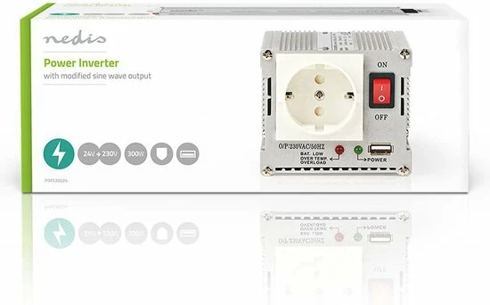 Nedis Inverter Gemodificeerde Sinusgolf | Ingangsvoltage: 24 VDC | Apparaat Stroomoutput: 1 | 230 V ~ 50 Hz | 300 W | Piekvermogen: 600 W | Type Stopcontact: F (CEE 7/3) / USB | Accuklemmen + Aansteker 9 Nedis Inverter Gemodificeerde Sinusgolf | Ingangsvoltage: 24 VDC | Apparaat Stroomoutput: 1 | 230 V ~ 50 Hz | 300 W | Piekvermogen: 600 W | Type Stopcontact: F (CEE 7/3) / USB | Accuklemmen + Aansteker - Afbeelding 7
