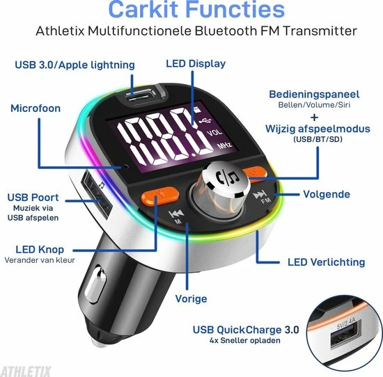 Athletix® Bluetooth FM Transmitter - Carkit - Auto Lader- Handsfree Bellen - MP3 - USB / SD Kaart - Snel Lader - 3 USB Poorten - Spotify / YouTube 9 Athletix® Bluetooth FM Transmitter - Carkit - Auto Lader- Handsfree Bellen - MP3 - USB / SD Kaart - Snel Lader - 3 USB Poorten - Spotify / YouTube - Afbeelding 7