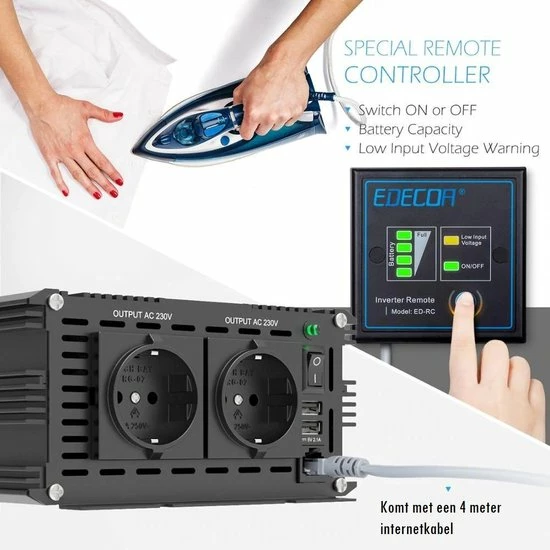 Edecoa 12V-230V Zuivere Sinus Omvormer - 1500W/3000W + Controller | 2x USB Poorten 4 Edecoa 12V-230V Zuivere Sinus Omvormer - 1500W/3000W + Controller | 2x USB Poorten - Afbeelding 2