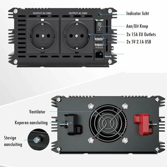 Edecoa 12V-230V Zuivere Sinus Omvormer - 1500W/3000W + Controller | 2x USB Poorten 5 Edecoa 12V-230V Zuivere Sinus Omvormer - 1500W/3000W + Controller | 2x USB Poorten - Afbeelding 3