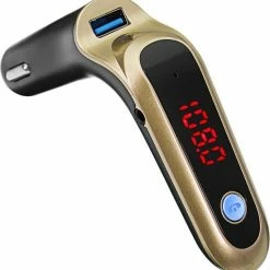 Opline Bluetooth Carkit MP3-speler FM Transmitter Zender Draadloze Radio - Adapter USB-oplader Voor Smartphone / IPhone / IPod / Samsung - Goud