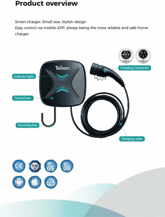Teison Smartcharger Compact | Laadpaal Wallbox EV Charger 11 kW | fase 3 - 16A | type 2 Stekker | APP IOS Android Merkloos Teison Smartcharger Compact | Laadpaal Wallbox EV Charger 11 KW | Fase 3 - 16A | Type 2 Stekker | APP IOS Android -AZDome store 550x722 3
